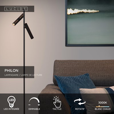 Lucide PHILON - Lampadaire / lampe de lecture - Ø 23 cm - LED Dim. - 2x4,5W 3000K - Noir